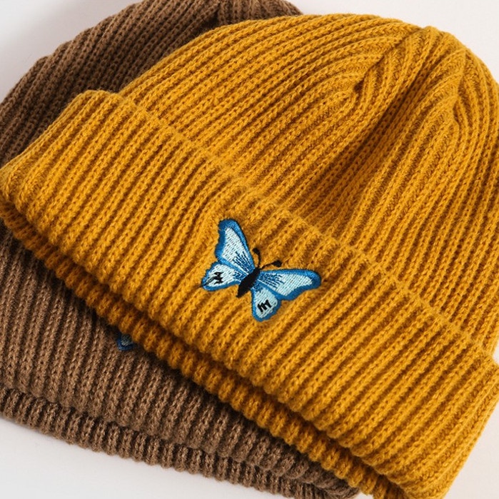 Mũ  dệt kim mềm co giãn thêu hình bướm thời trang mùa đông cho nam và nữ