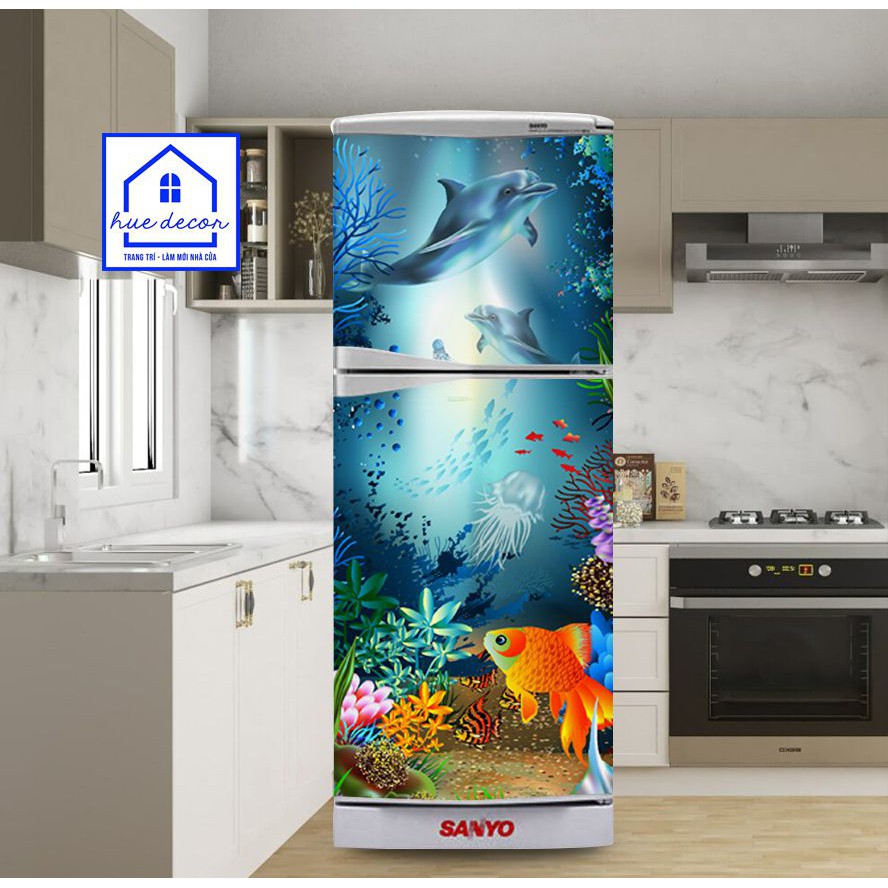 Giấy decal chuyên dụng dán tủ lạnh - máy giặt 3D cá Heo đại dương thương hiệu HUE DECOR chống nước