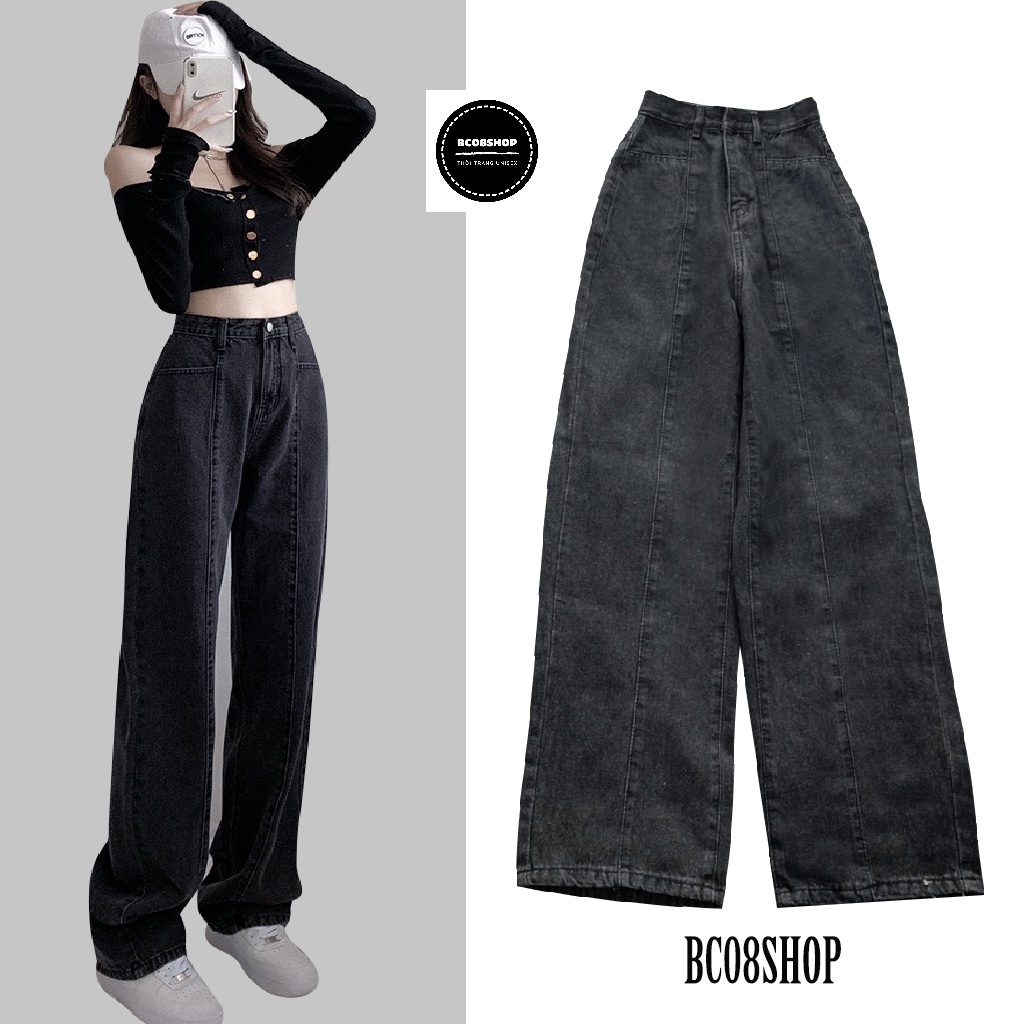 Quần Jean Nữ Ống Rộng Xám Đen Lưng Cao Dáng Dài 105cm (BC030)