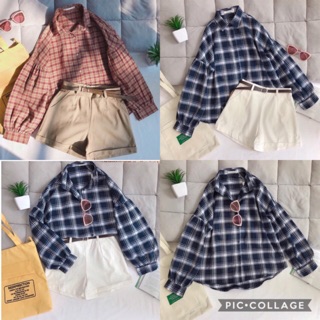 Áo sơ mi oversize caro tay phồng