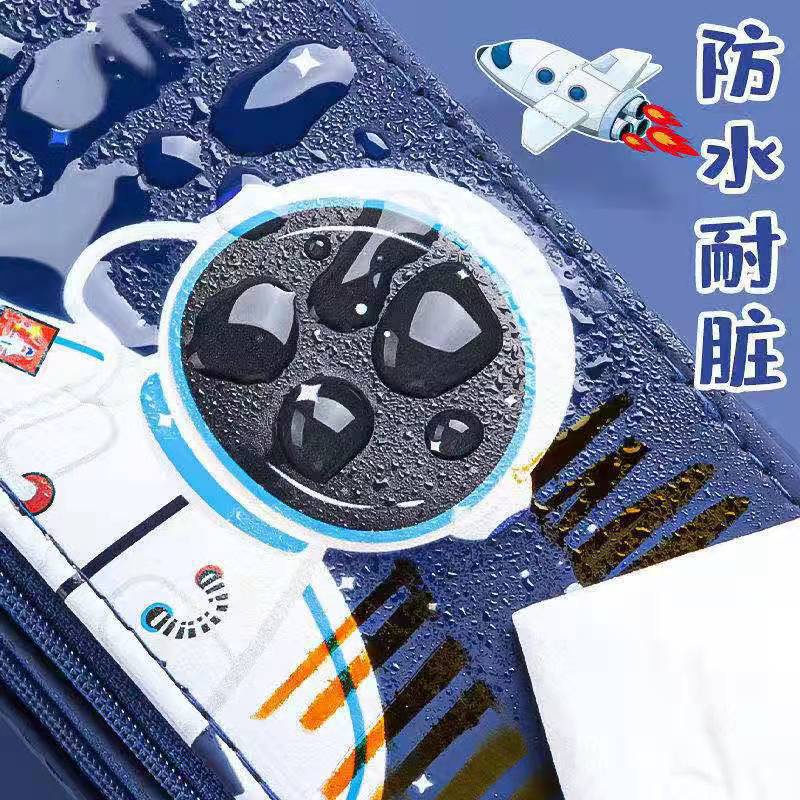 Túi Đựng Bút Hai Lớp Bằng PU Họa Tiết Khủng Long Phi Hành Gia Sức Chứa Lớn Cho Bé Trai