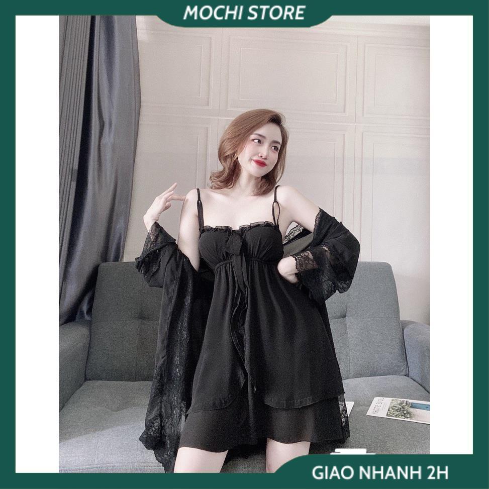 Set 3 Món Đồ Ngủ, Đầm 2 Dây Nữ, Áo Choàng Phối Ren Kèm Quần Chất Chiffon Màu Trơn Form Dáng Rộng Rãi Thời Trang Mặc Nhà | BigBuy360 - bigbuy360.vn