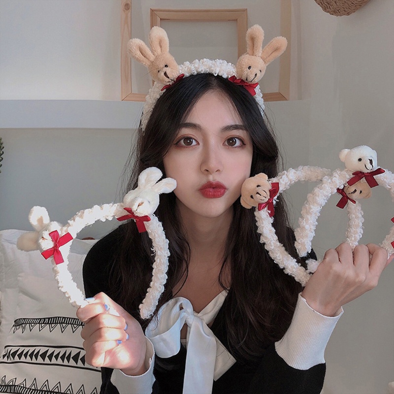 Flgo Băng Đô Cài Tóc Lông Thỏ Giả Mềm Mại Họa Tiết Gấu Hoạt Hình