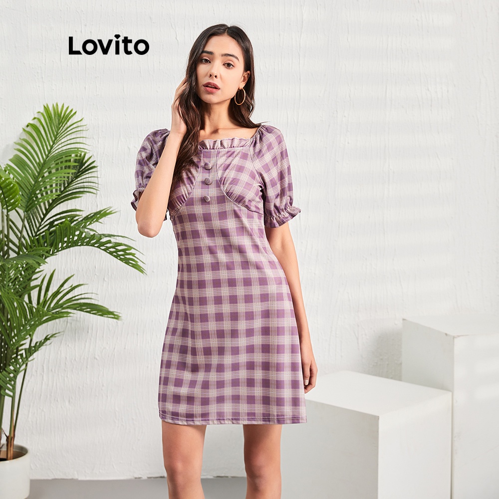 Đầm Lovito tay phồng kẻ sọc caro phong cách Preppy L07148 (màu tím)