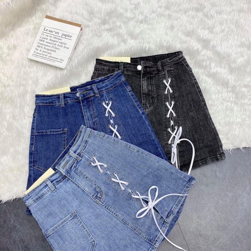[ĐỦ 4 MÀU] Chân Váy Jean Aiori Cao Cấp Lưng Cao Chất Vải Co Giãn Có Quần Váy Buộc Chéo Dây Xinh Xắn