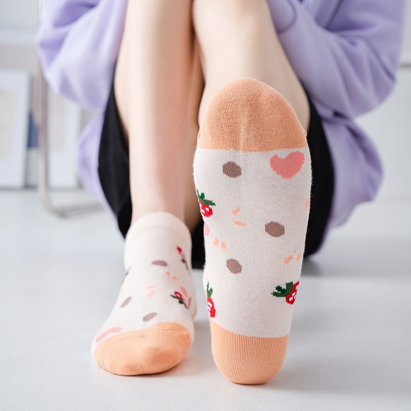 Vớ cotton cổ cao tới mắt cá chân có phần gót họa tiết hoa/ trái cây/ chấm bi thời trang thường ngày đáng yêu cho nữ