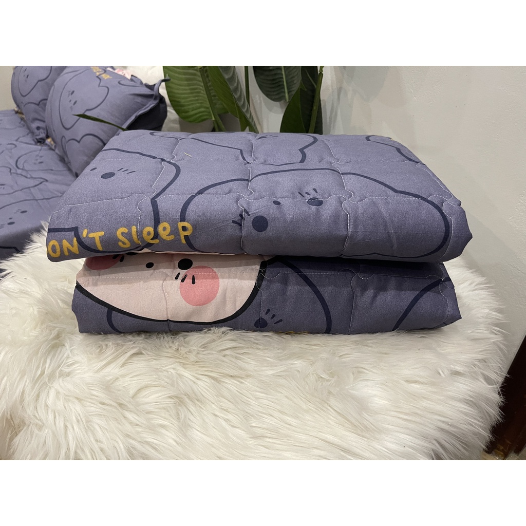 Set ga gối chăn hè chần bông Cotton 5 món EMMIBedding, mẫu gấu vương niệm mền cotton họa tiết đáng yêu