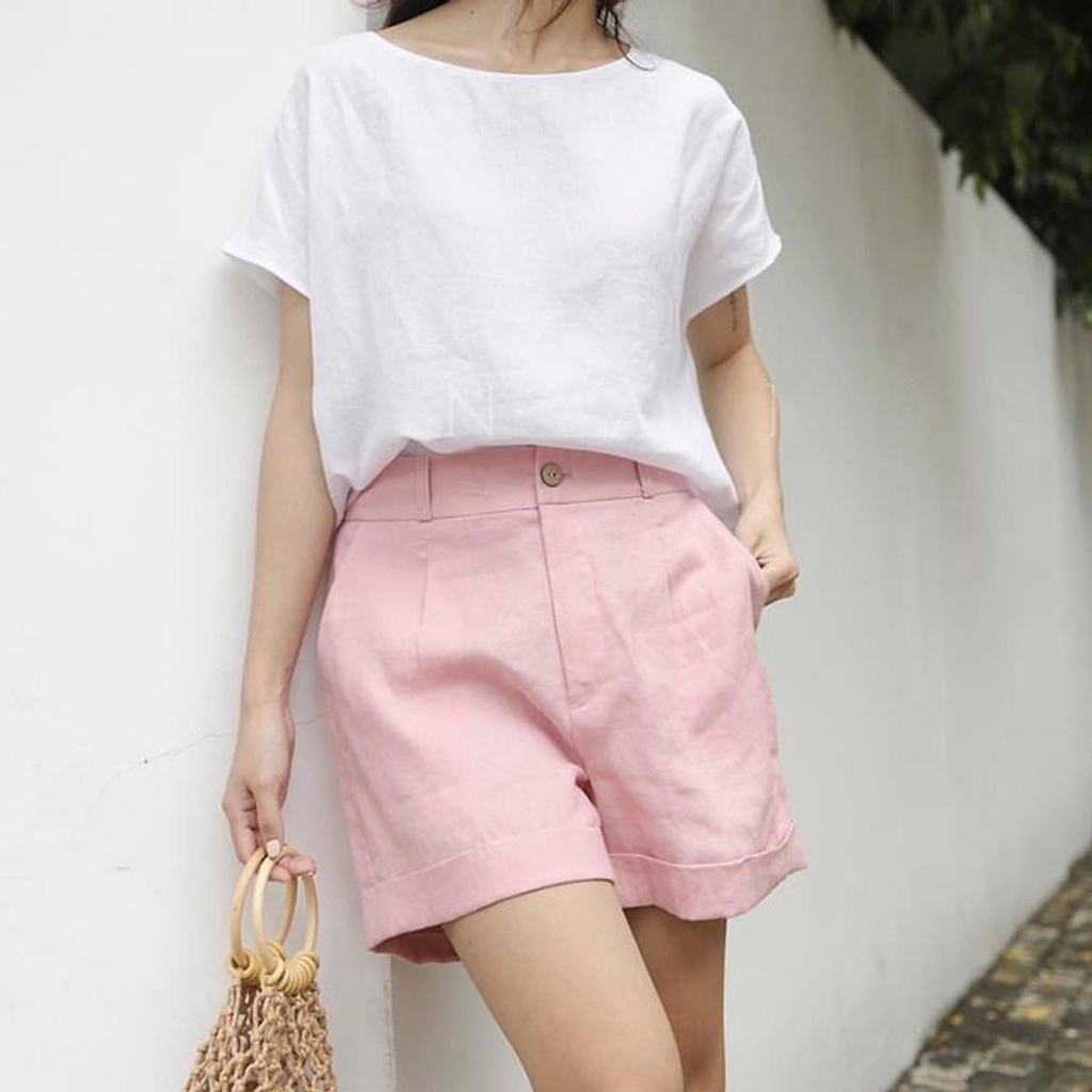 Quần short nữ Linen bột Premium xắn gấu trẻ trung