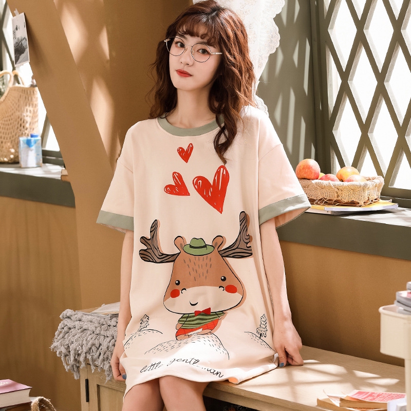 Đầm Ngủ Cotton Tay Dài In Hình Hoạt Hình Dễ Thương Cho Nữ