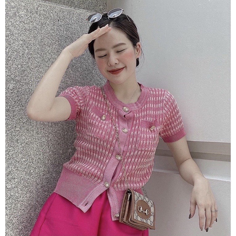 [ÁO CARDIGAN] Cadigan Nữ, Áo Dệt Kim Ngắn Tay Len Mỏng Màu Hồng Siêu Sang Chảnh