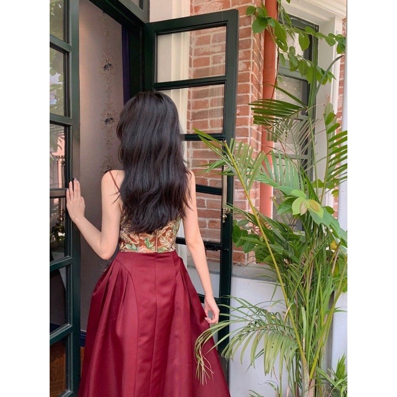 SET Áo Dây Ôm Croptop Hoa + Váy Xoè Đỏ Đô Sang Chảnh