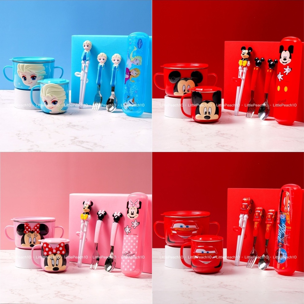 Set 6 món ăn uống Disney hình Frozen Car Mickey Minnie nổi 3D tô ly muỗng đũa nĩa kèm hộp cho bé