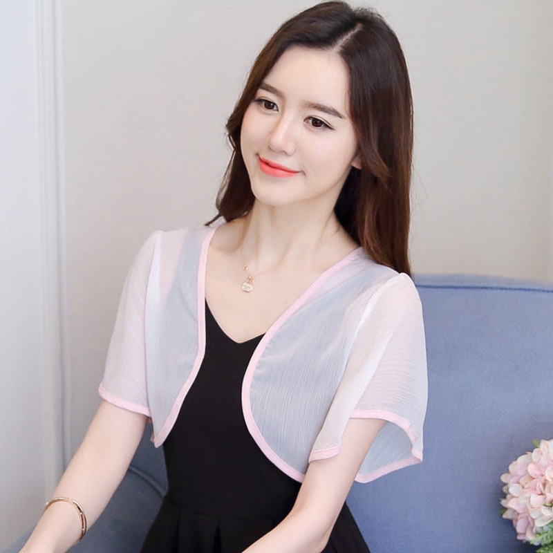 Áo Khoác Voan Ngắn Tay Họa Tiết Kẻ Sọc Thời Trang