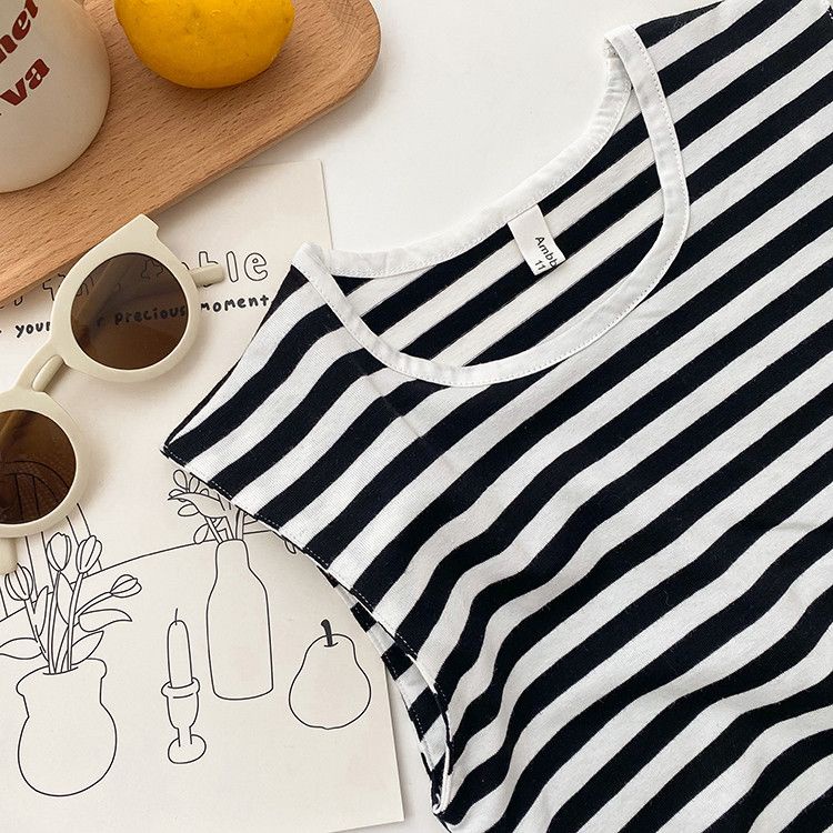 Set Áo Thun Sọc Ngang + Quần Yếm Phong Cách Hàn Quốc Cho Bé Gái