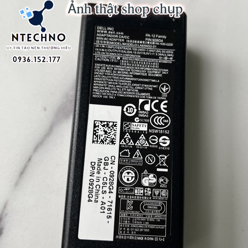Sạc Laptop Dell 19.5V 3.34A 65W (Đầu đạn kích thước 4.0 x 1.7mm) [pt] - Tặng kèm dây nguồn - Bảo hành 12 Tháng