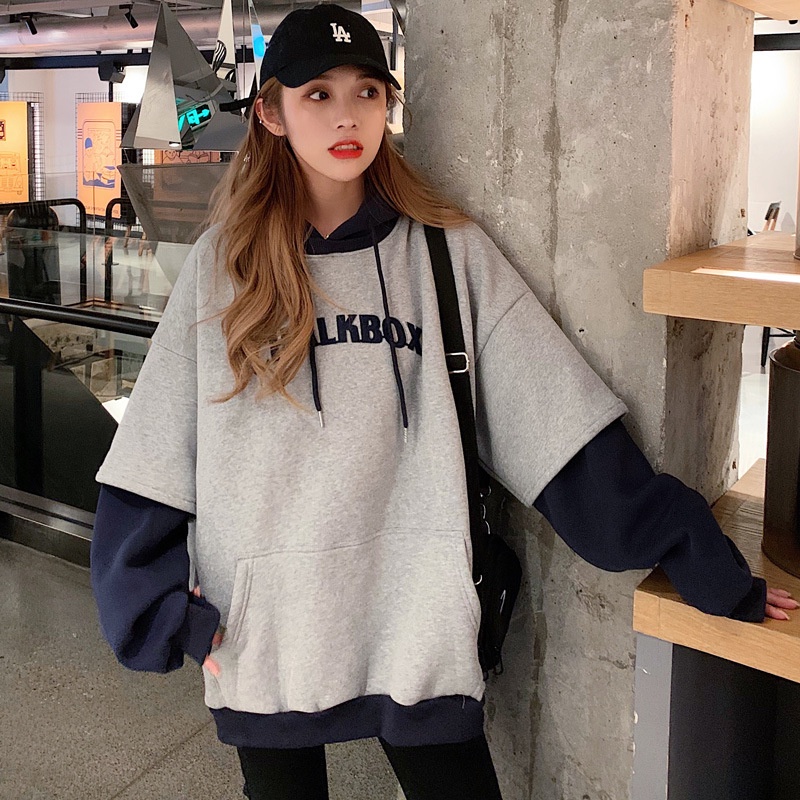 IELGY      Áo Hoodie Vải Lông Chắp Vá Dáng Rộng Phong Cách Hàn Quốc Cho Nữ