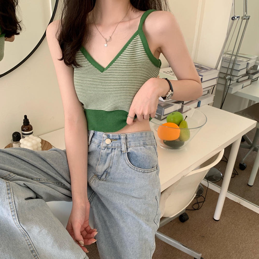 Áo Hai Dây Dệt Kim Cổ Chữ V Họa Tiết Kẻ Sọc Màu Sắc Thời Trang Mùa Hè 50061