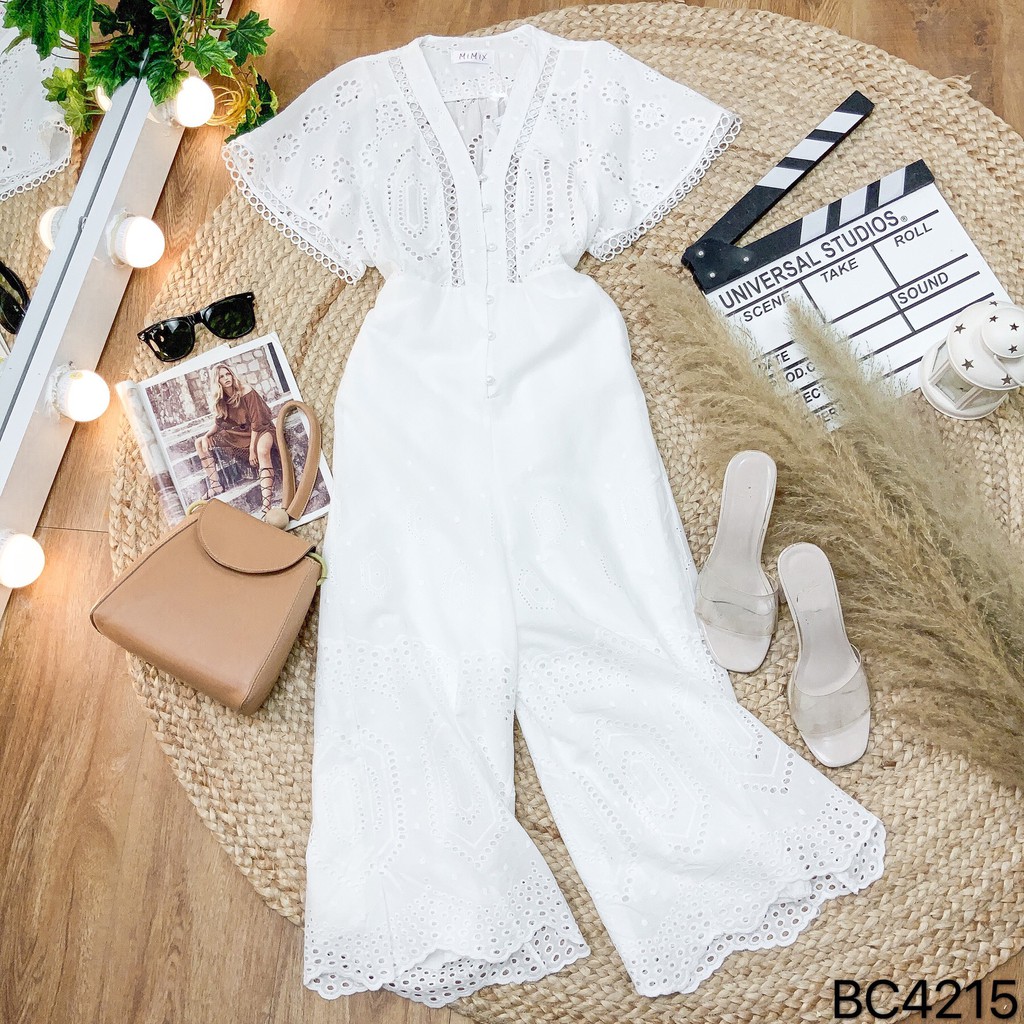 Jumpsuit áo cánh dơi liền quần trắng thêu họa tiết MIMIX BC4215