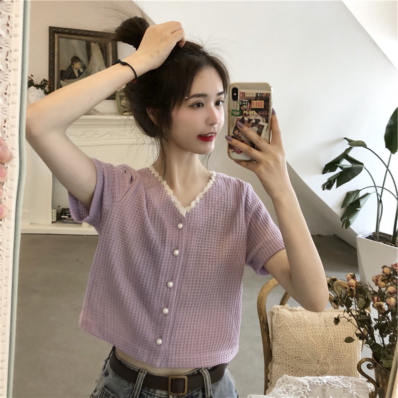Áo cardigan ZHELIHANGFEI dệt kim tay ngắn cổ chữ V phối ren thời trang xinh xắn cho nữ