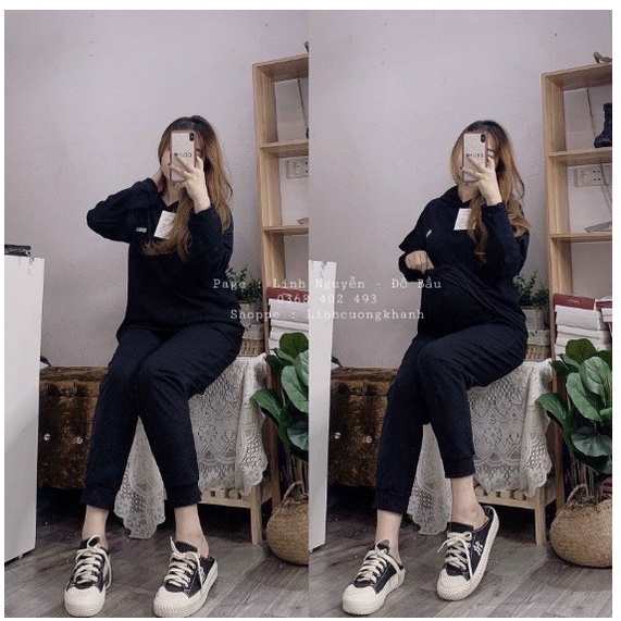 Bộ Đồ Thể Thao Thời Trang_Đồ bầu thu đông Hoodie_Bộ hoodie bầu nỉ da cá dày dặn có mũ