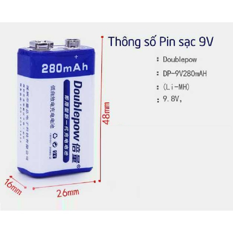 Pin sạc 9V dung lượng 280 mAh thương hiệu Doublepow