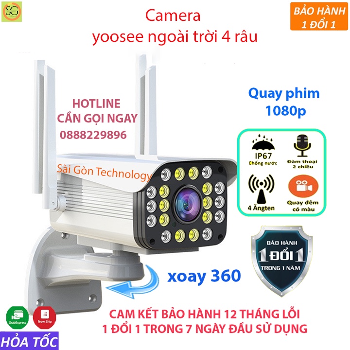 Camera yoosee ngoài trời 4 râu,xoay 360°đàm thoại 2 chiều ban đêm có màu | BH 12 Tháng