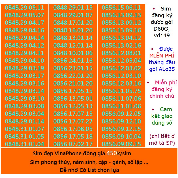 Sim Vina số đẹp 450k List 3 Miễn phí ĐK chính chủ Miễn phí gói ALO35 tháng đầu, ĐK được gói VD149-D60G...(xem ở chi tết)