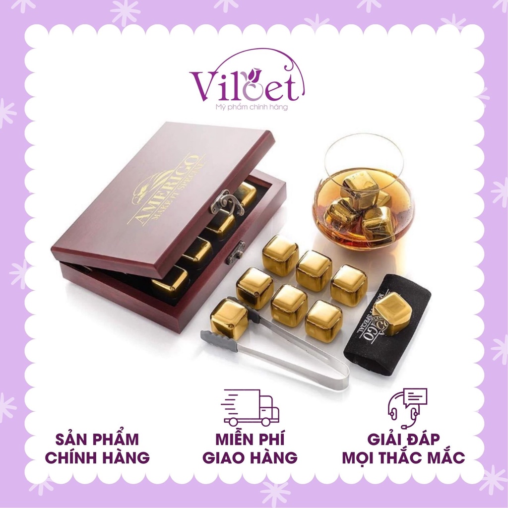 Đá viên giữ lạnh Amerigo, đá inox vĩnh cửu không tan hộp gỗ 8 viên sang trọng- Shop Viloet