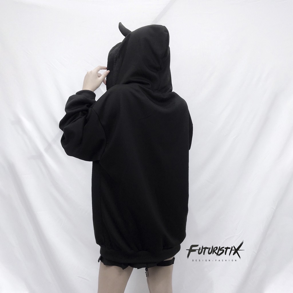 Chân Váy Xếp Lý Sét Cùng Áo Khoác Nữ Hoodie Sừng Đính Kim Băng Futuristix - All Black