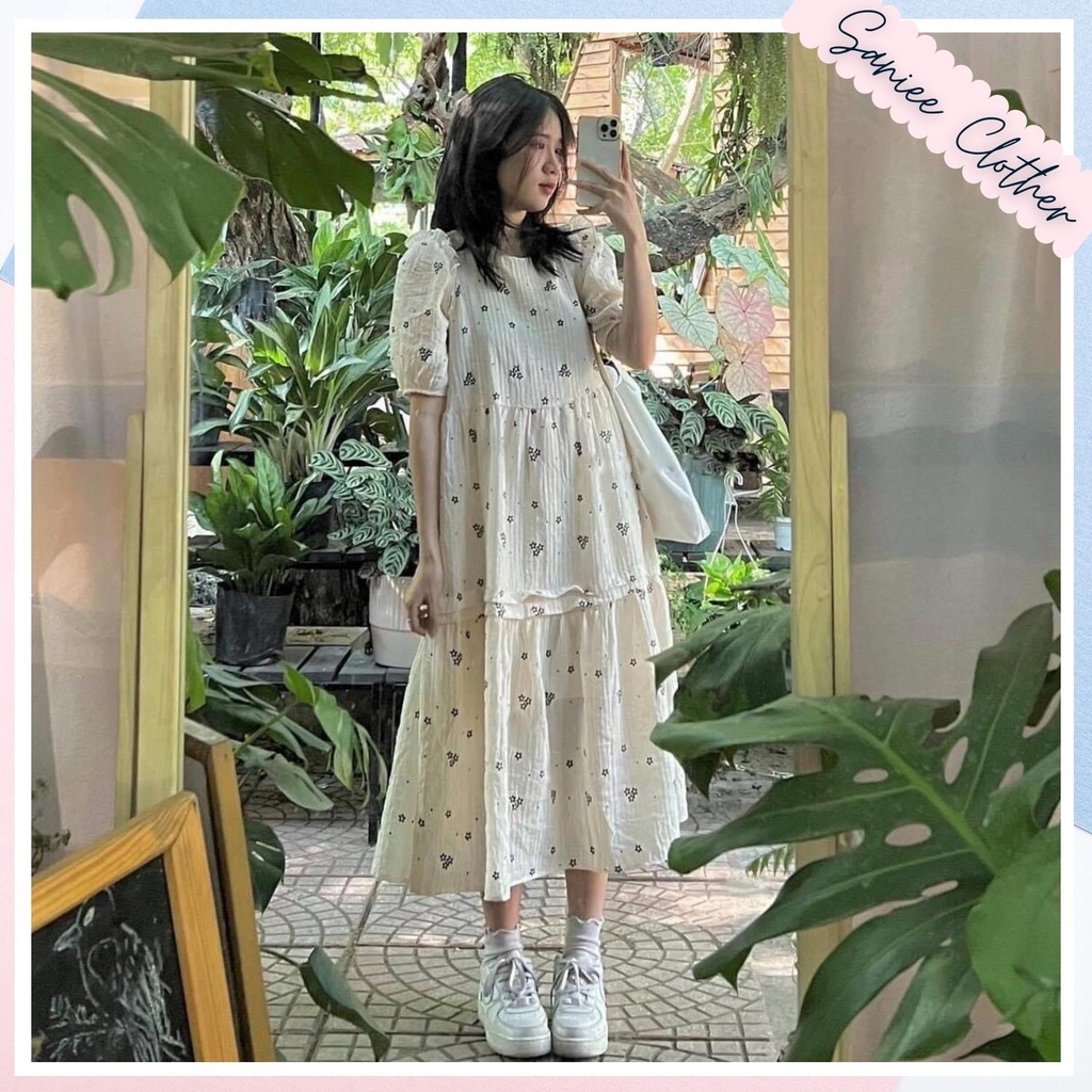 Đầm nữ ngắn tay chấm bi dáng rộng váy babydoll hoa nhí dáng dài đầm ulzzang tiểu thư vintage nữ Saniee Clother