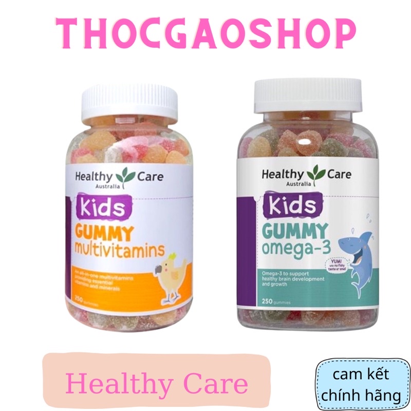 Bộ đôi kẹo dẻo Gummy bổ sung Multivitamin và Omega 3 Healthy Care 250v chuẩn Úc giúp bé yêu khoẻ mạnh mau lớn