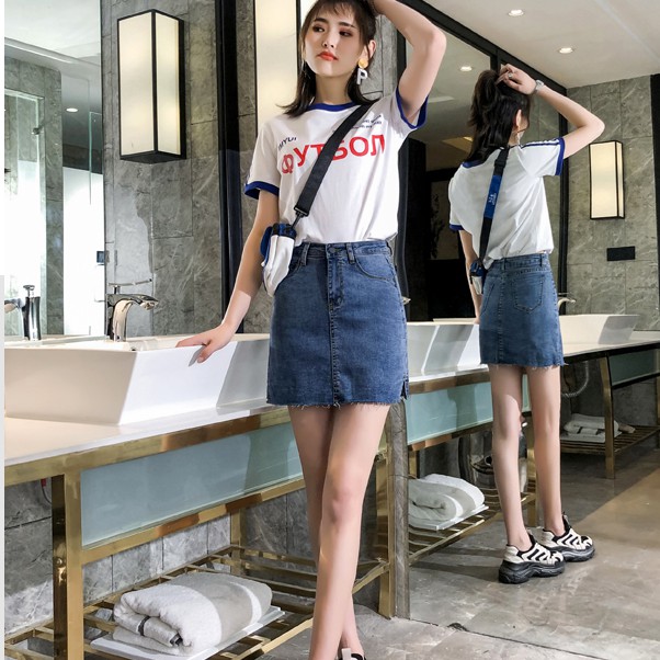 Chân Váy Jeans Cạp Cao Tua Gấu Mới Nhất Năm Nay