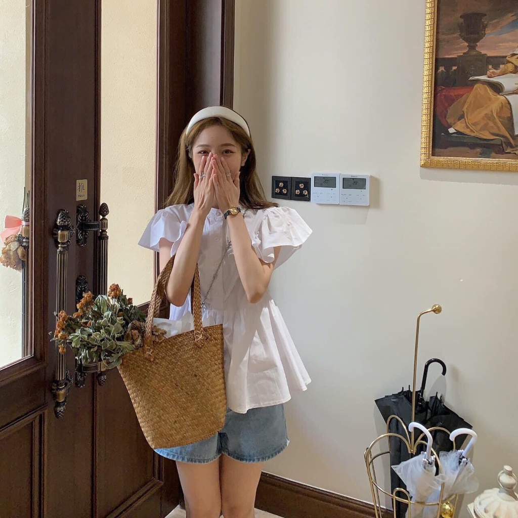Áo sơ mi cổ bèo tiểu thư ngắn tay, form babydoll ulzzang, phong cách Hàn Quốc, chất đũi QC mềm mát, QUYNHANHPUKA