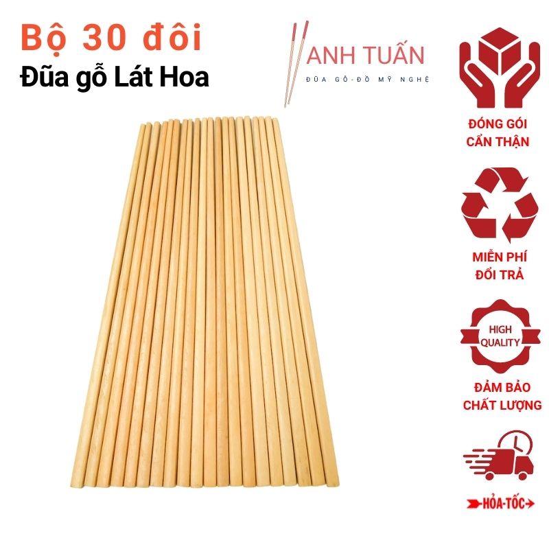 [Hoàn Xu] Bộ 30 đôi đũa gỗ đầu nhọn LÁT HOA cao cấp tự nhiên không hoá chất