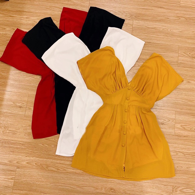 ĐẦM CỔ V Nút Bọc 4 Màu