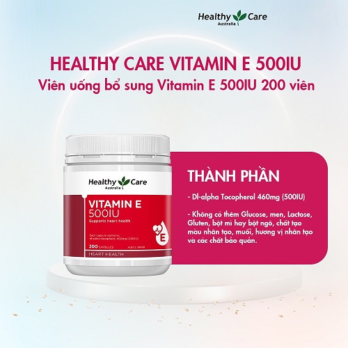 Combo Viên nhai Vitamin C 500mg Healthy Care và Viên uống Vitamin E giúp dưỡng da căng bóng, sáng da 500IU 200 viên