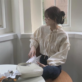 Áo sơ mi babydoll viền ren cánh tiên thắt nơ dài tay
