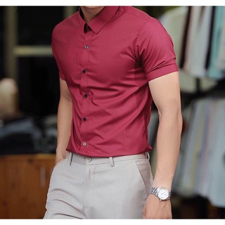 Áo sơ mi nam Cộc Tay Đỏ Đô dáng body Hàn Quốc không nhăn