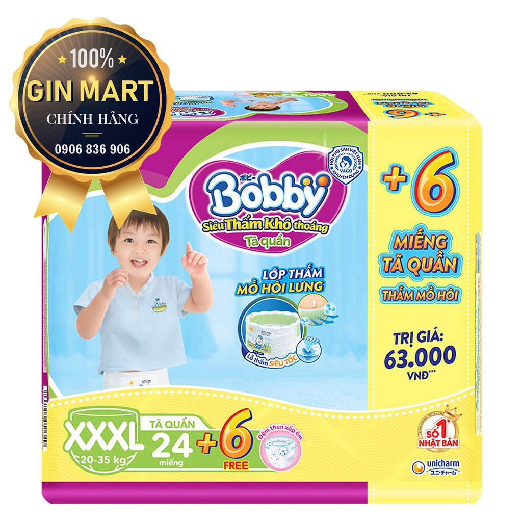 [MỚI] Tã quần Bobby XXXL22 tặng kèm 6 miếng cho bé 20-35kg