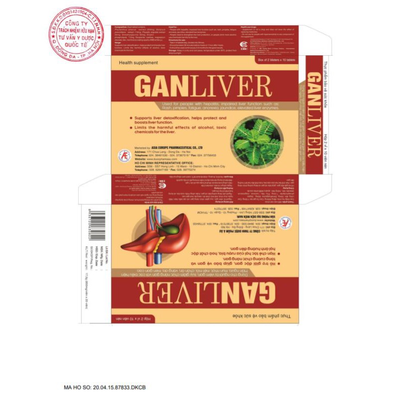 [MUA 6 TẶNG 1] Ganliver 20 viên - Dùng cho người bị viêm gan, suy giảm chức năng gan