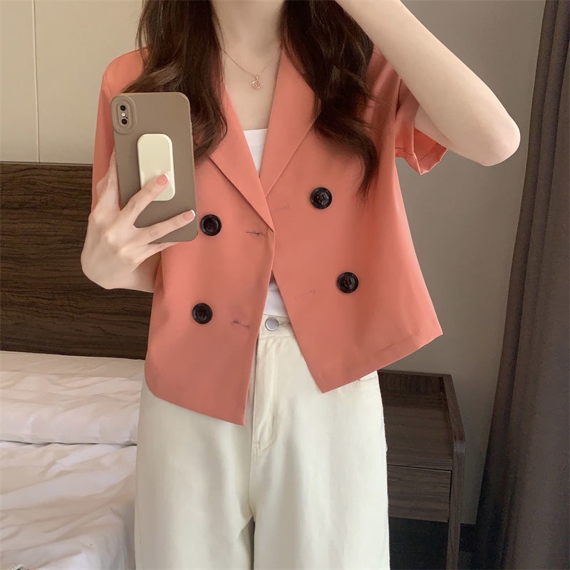 SUXI Áo Khoác Blazer Tay Ngắn Dáng Rộng Màu Sắc Đơn Giản Thanh Lịch Dành Cho Nữ