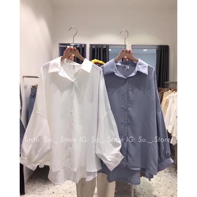 Áo sơ kiểu kiểu nữ Anhribi, Áo sơ mi lụa cổ đức tay bồng dáng dài cách điệu phong cách đơn giản