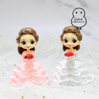 Set 2 mô hình cô dâu váy trắng, hồng trang trí bánh kem, topper, bella