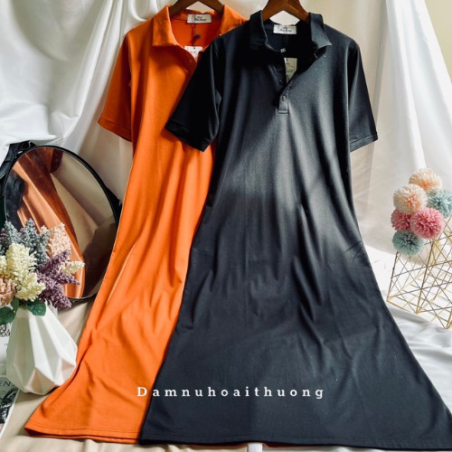 Đầm polo trơn dáng suông dài màu cam đất và đen chất cotton che khuyết điểm - Đầm Nữ Hoài Thương