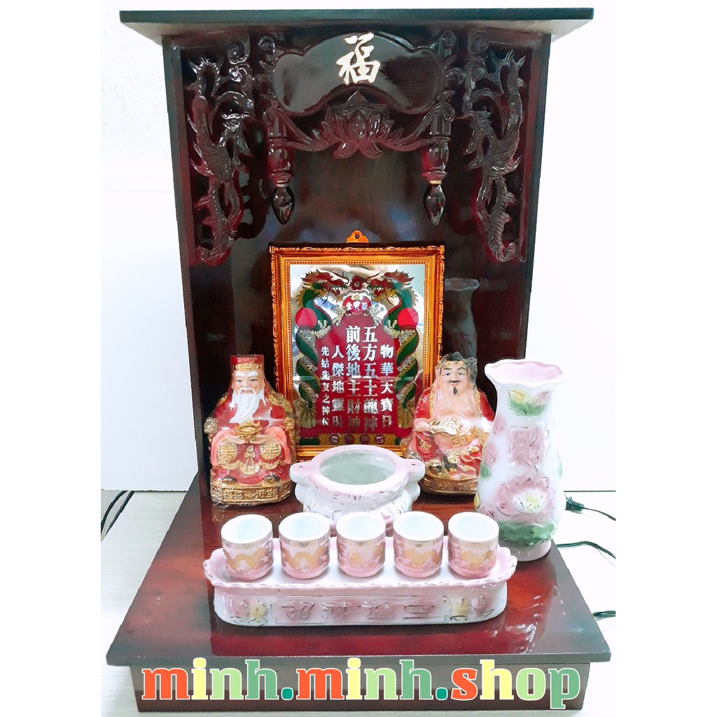 Combo đồ thờ cúng màu hồng: Bàn thờ 40cm hộc kéo, tài địa,...+ khuyến mãi