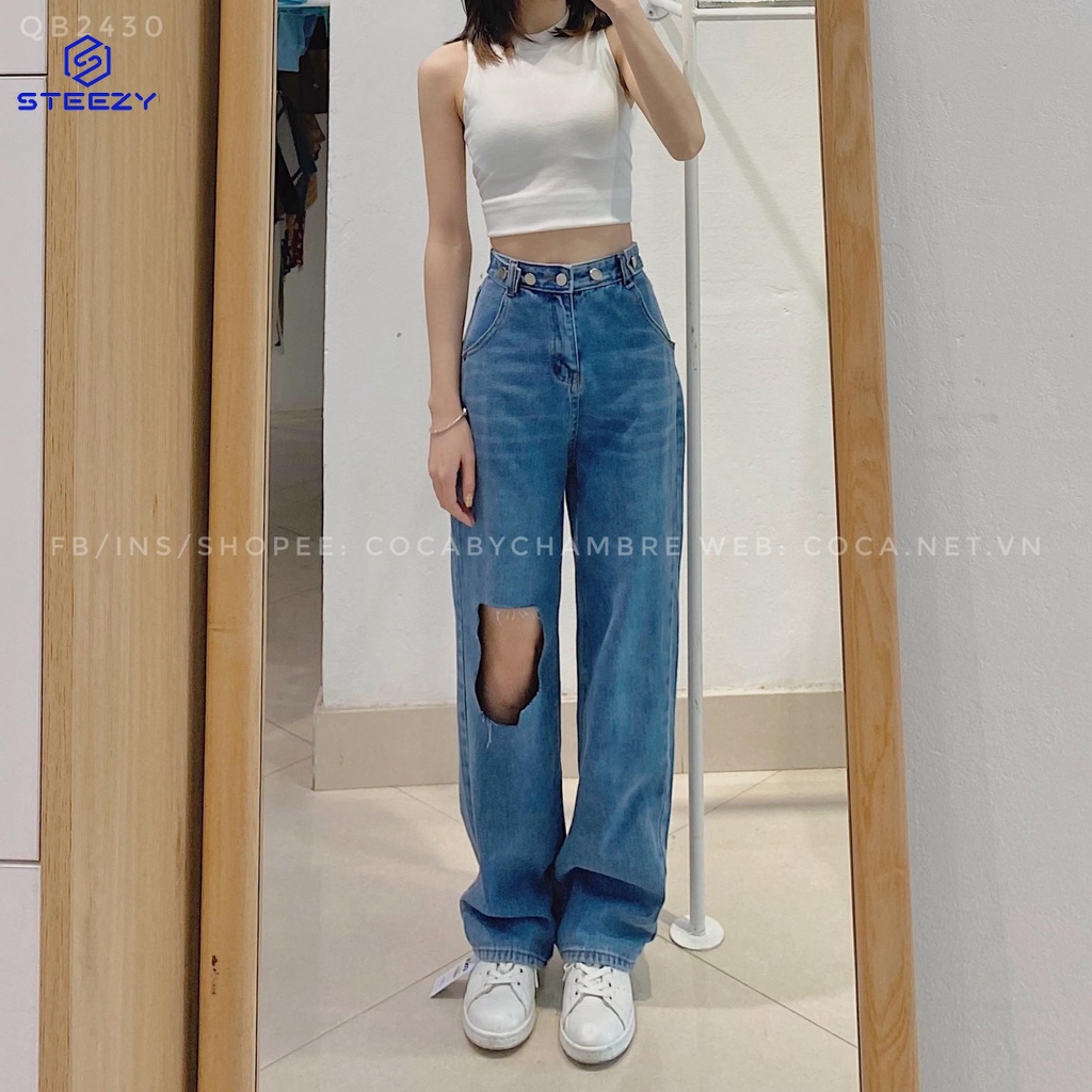 [QB2430] Quần jeans suông cạp cao nhiều cúc rách gối (Có sẵn/Ảnh thật)