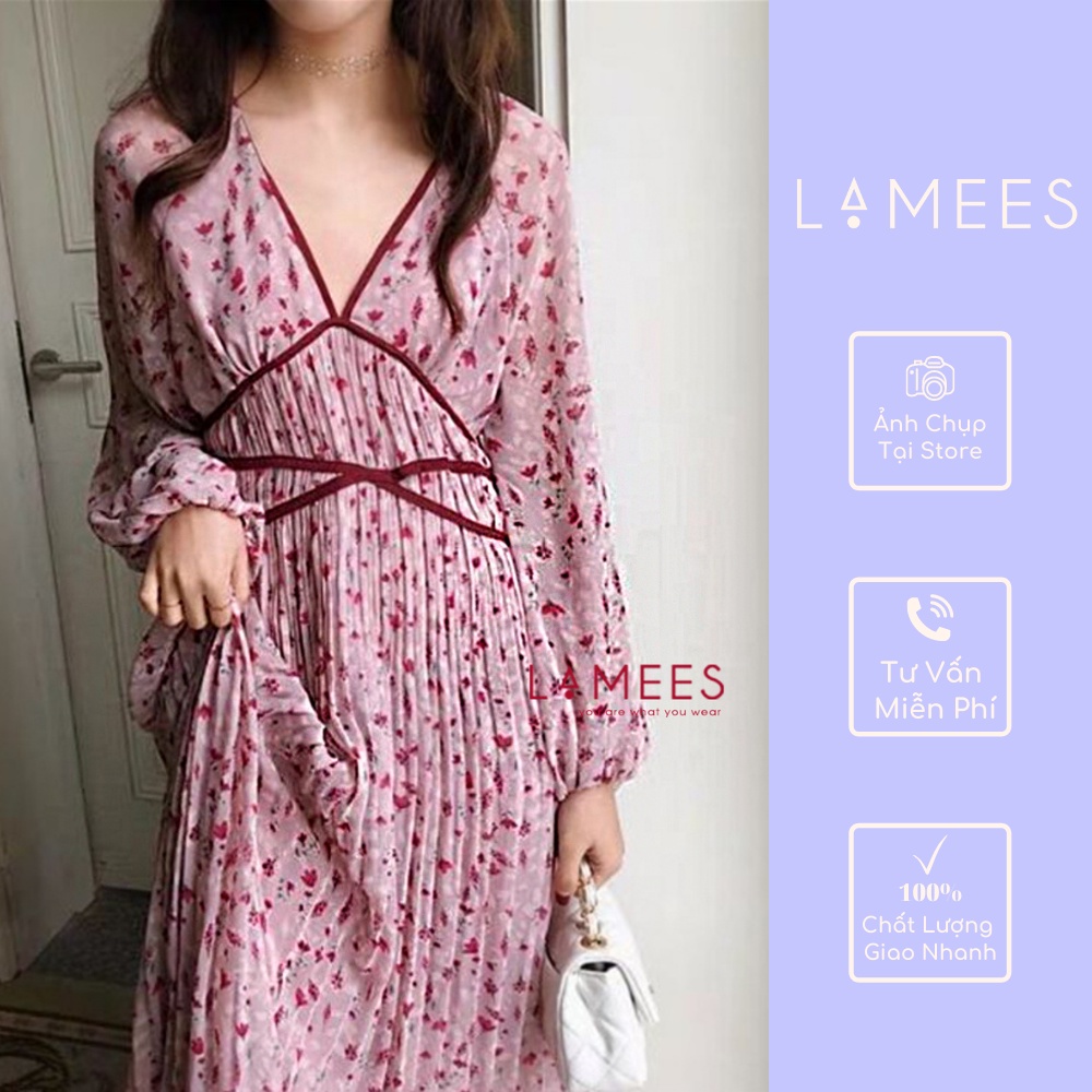 Váy voan hoa cổ tim xòe dài tay, mẹ bầu có thể mặc được , váy bigsize - V69