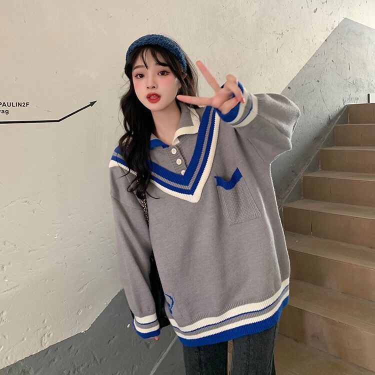 Áo thun polo ZHELIHANGFEI dài tay giả hai lớp phong cách preppy dễ phối đồ cho nữ