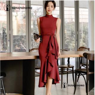 Korean Summer Women Clothing Elegant Slim Sleeveless Tunic Midi Irregular Ruffle Wrap Bodycon Evening Wedding Prom Dress