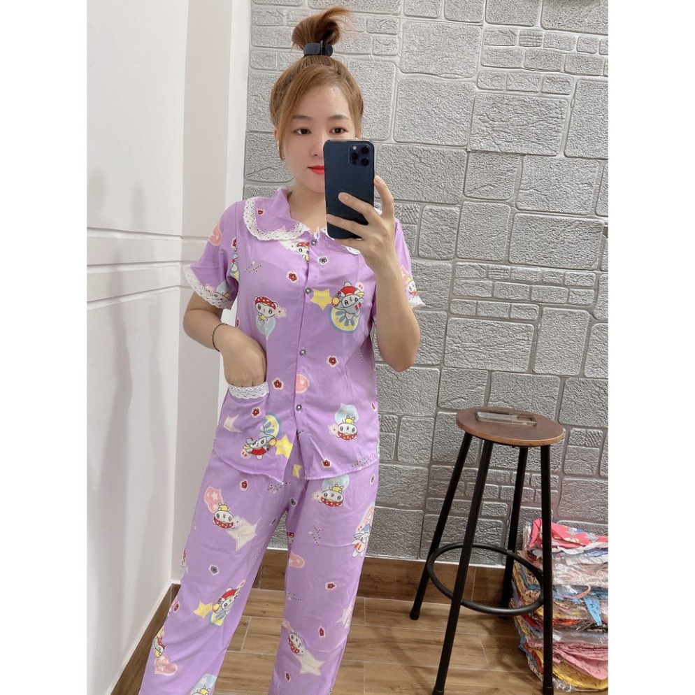 Bộ Đồ Bộ Pijama satin mềm Phối Ren Tay Ngắn Quần Dài Freesize <55kg [ảnh thật 100%]